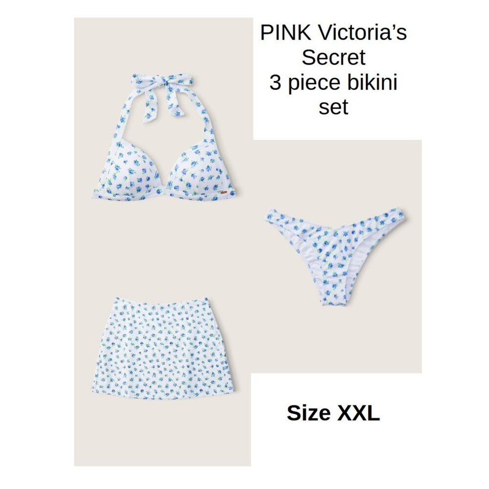 NWT PINK Victoria's Secret XXL Morning Sky Floral 3 Piece Bikini & Skirt Set